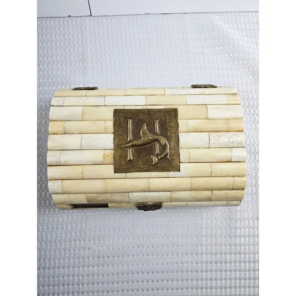 Vintage Carved Bone Hinged‎ Trinket Box - Black Velvet Lined -  Made in India